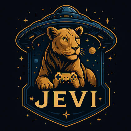Logo JEVI – Lionne cosmique Logo JEVI avec lionne, manette et vaisseau spatial – univers créatif marginal